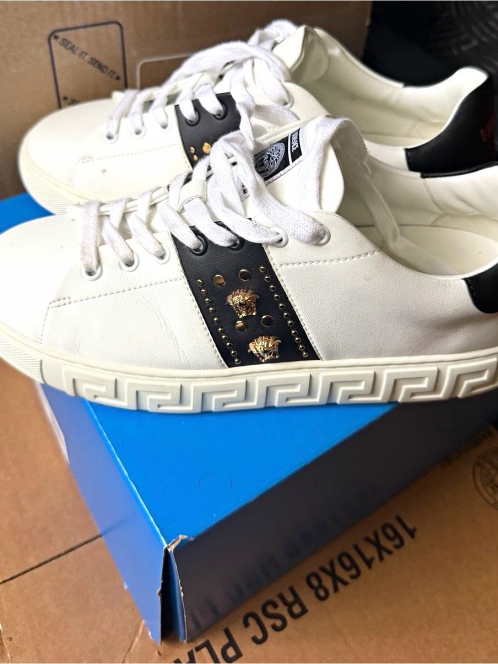 Versace White Leather Low-Top Sneakers with Black Accents